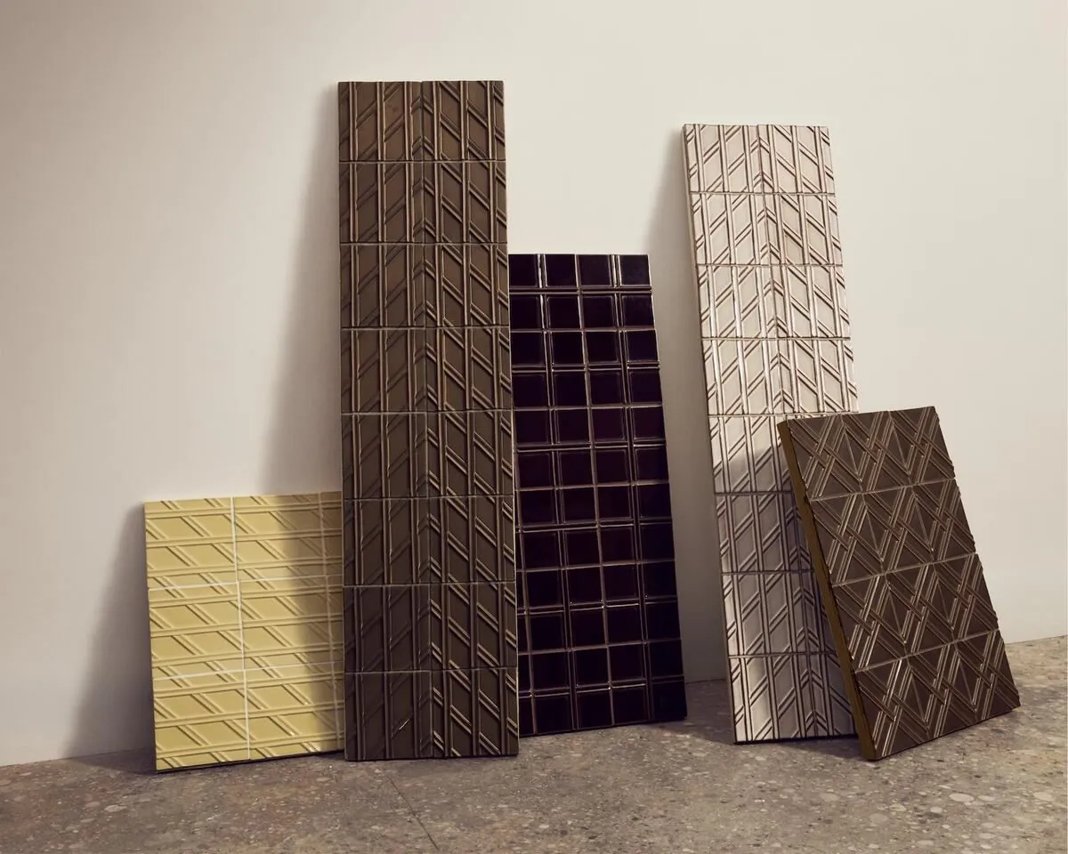 Kelly Wearstler's Treillage puts the pattern in the tile geometry, not the glaze, image via Business of Home