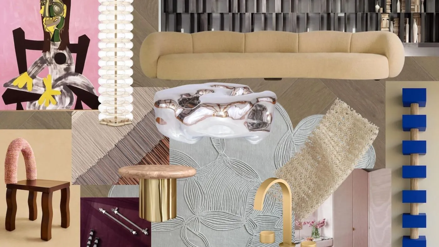 Britany Simon's mood board, a moire wall drenched in Dedar against mirror-polished steel, image via Business of Home