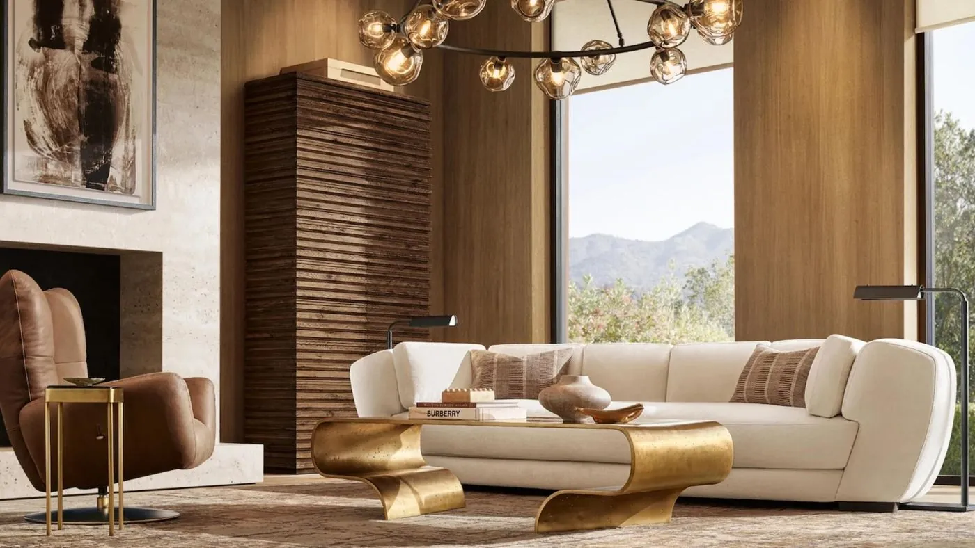 Ten metal pieces BOH thinks are of the moment, from a rippling brass coffee table to a living-finish pot filler, image via Business of Home