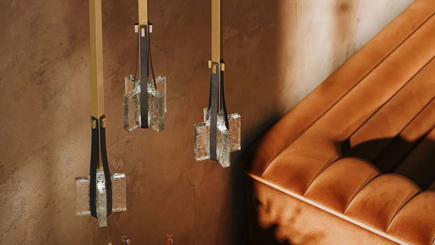 Buoyant slings cast glass in leather with the Heirloom pendant, image via Dezeen