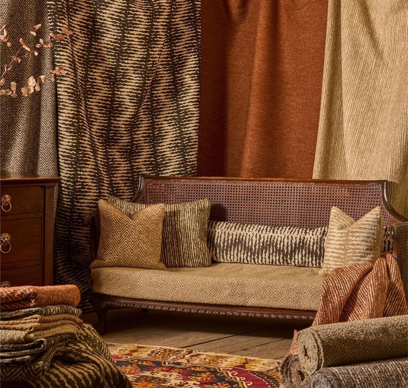TallBoy weaves its own cloth at last, four patterns and 33 colourways built to sit next to an antique, image via TallBoy Interiors