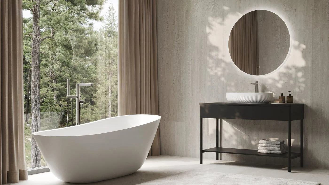Christian Haas gives the Artis basin a pleated ceramic relief and lifts the vanity onto an open frame, image via Dezeen