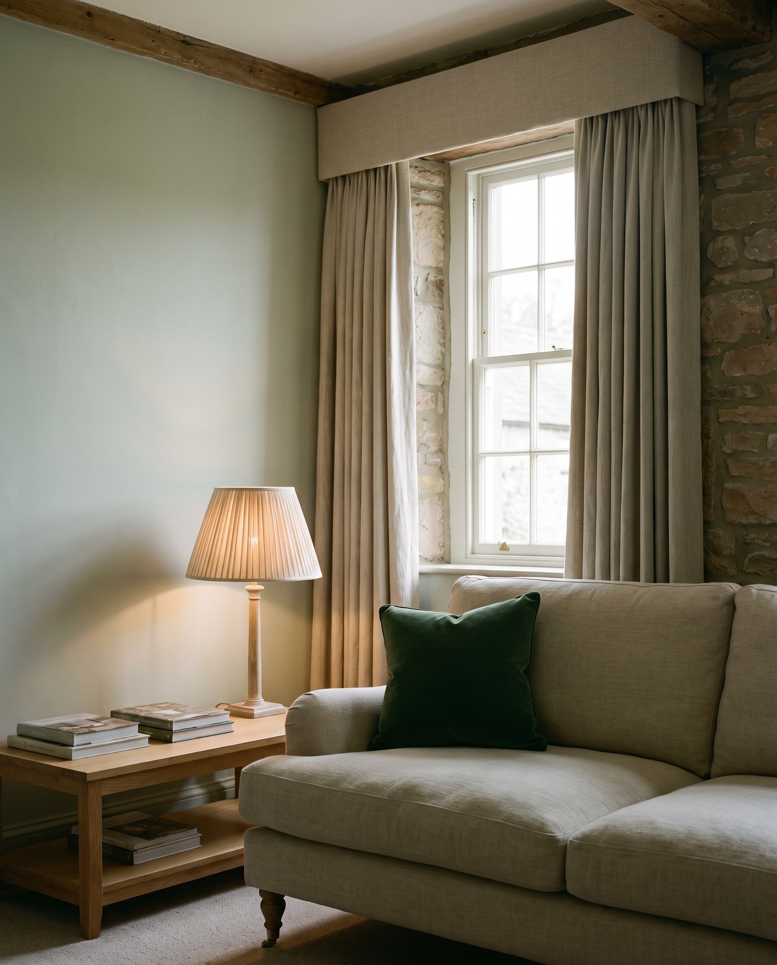 A sitting room with a sage wall, a linen sofa with a forest green velvet cushion, a lit lamp and a linen curtain at a sash window in a stone wall, a visual study by Aubury & Co